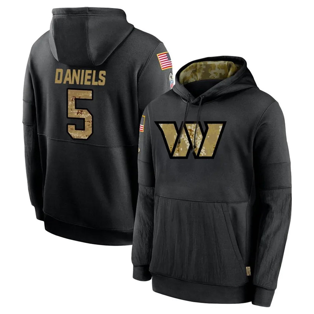 Qdoa W.Commanders #5 Jayden Daniels Player Black Salute to Service Performance Pullover Hoodies Home Game Stitched Jerseys