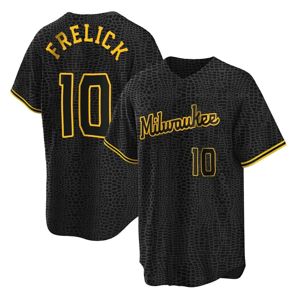 M.Brewers #10 Sal Frelick Player Black Snake Skin City Home Game Qdoa Stitched Jerseys