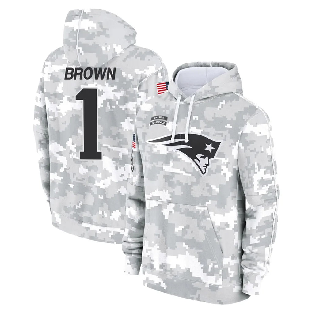 NE.Patriots #1 A.J. Brown Player Arctic Camo Salute to Service Pullover Hoodies Limited Game Qdoa Stitched Jerseys
