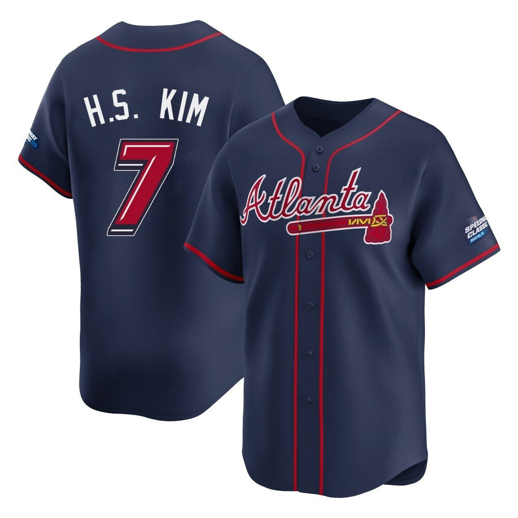 A.Braves #7 Ha-Seong Kim Player Navy 2025 Speedway Classic Home Game Qdoa Stitched Jerseys