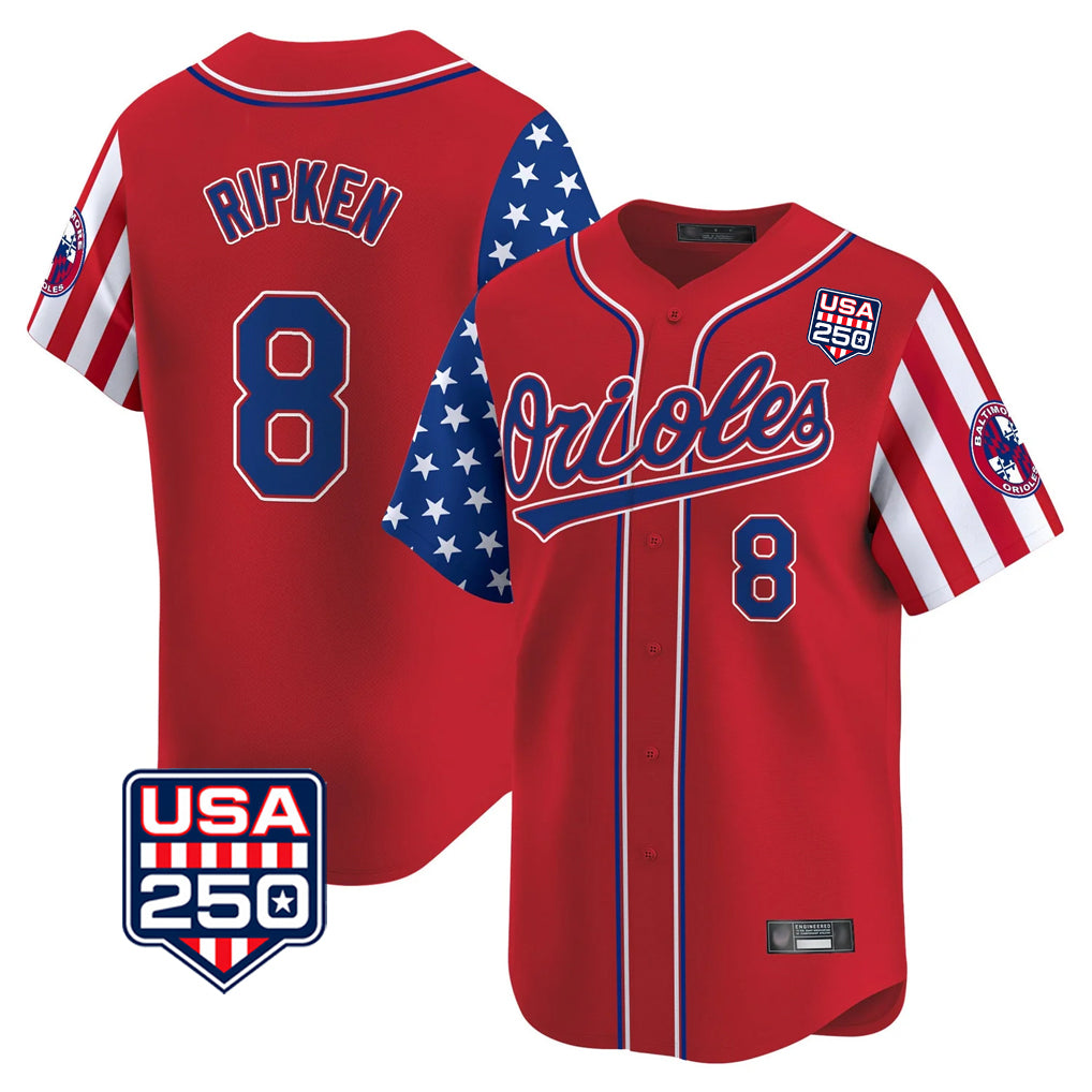 B.Orioles #8 Cal Ripken Player Red USA 250 Independence Day Vapor Premier Limited Home Game Qdoa Stitched Jerseys