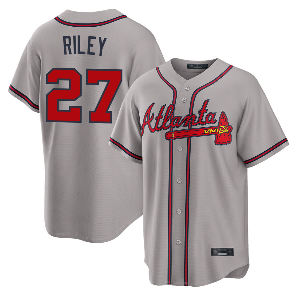 A.Braves #27 Austin Riley Player Gray Home Game Qdoa Stitched Jerseys