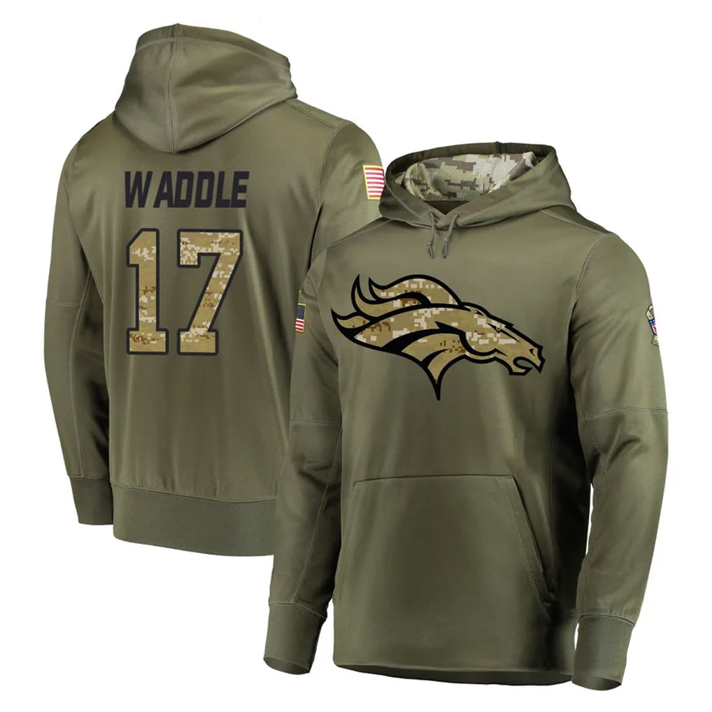 D.Broncos #17 Jaylen Waddle Player Olive Salute to Service Pullover Hoodies Home Game Qdoa Stitched Jerseys
