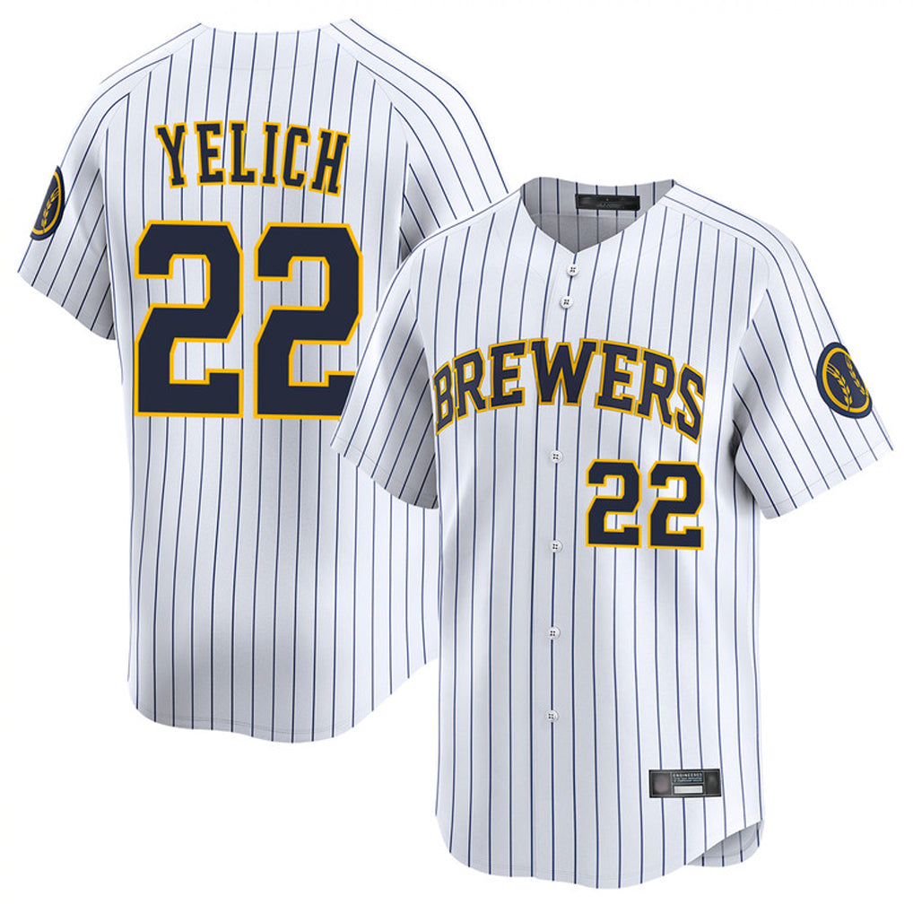M.Brewers #22 Christian Yelich Player White Stripes Home Limited Game Qdoa Stitched Jerseys