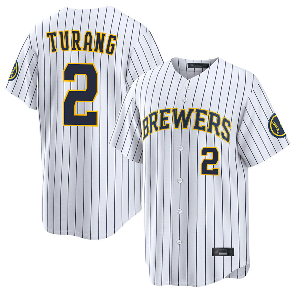 M.Brewers #2 Brice Turang Player White Stripes Home Limited Game Qdoa Stitched Jerseys