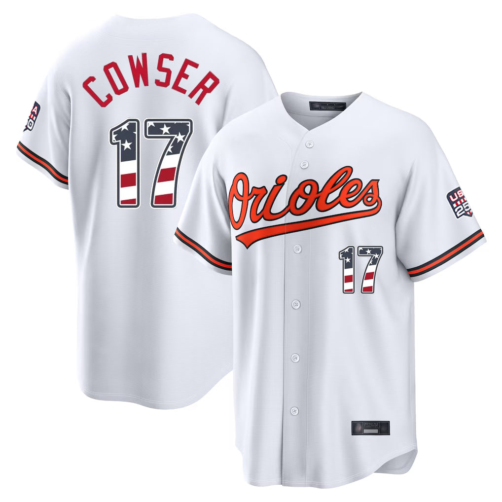 B.Orioles #17 Colton Cowser Player White USA 250 Fourth of July Home Game Qdoa Stitched Jerseys