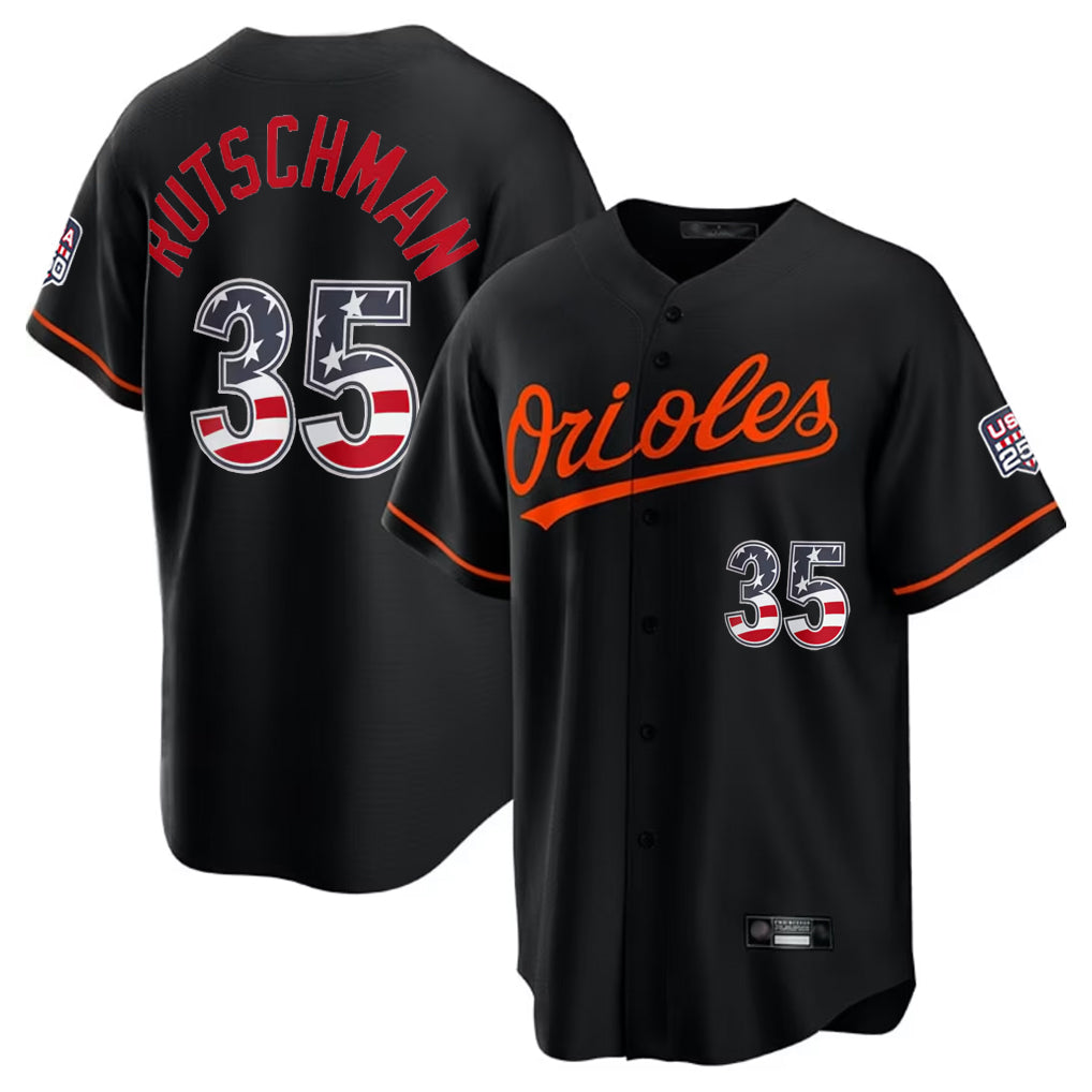 B.Orioles #35 Adley Rutschman Player Black USA 250 Fourth of July Home Game Qdoa Stitched Jerseys