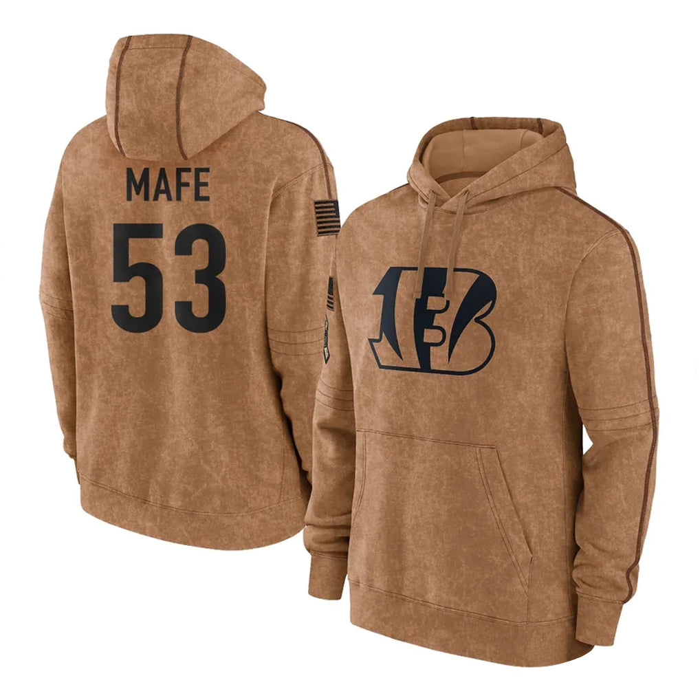 C.Bengals #53 Boye Mafe Player Brown Salute to Service Pullover Hoodie Limited Qdoa Stitched Jerseys