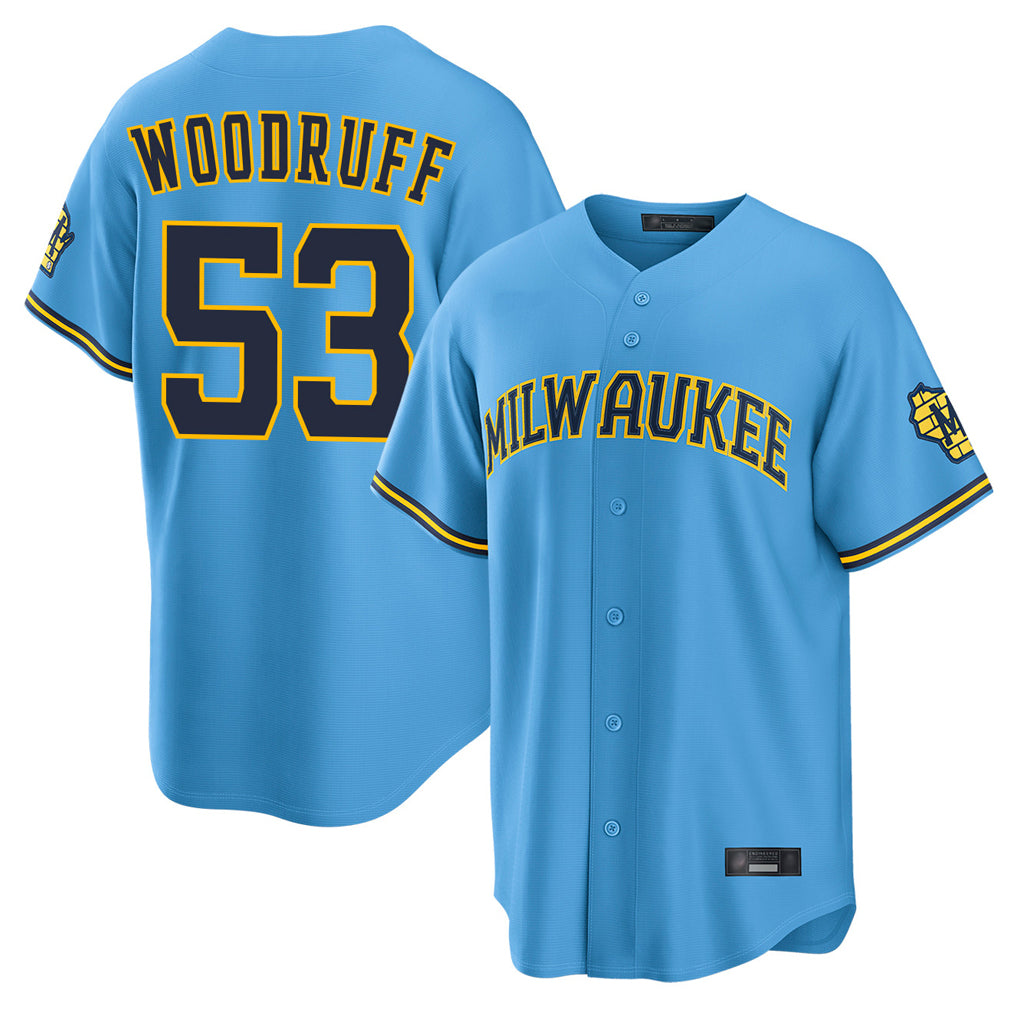 M.Brewers #53 Brandon Woodruff Player Light Blue Road Stadium Game Qdoa Stitched Jerseys