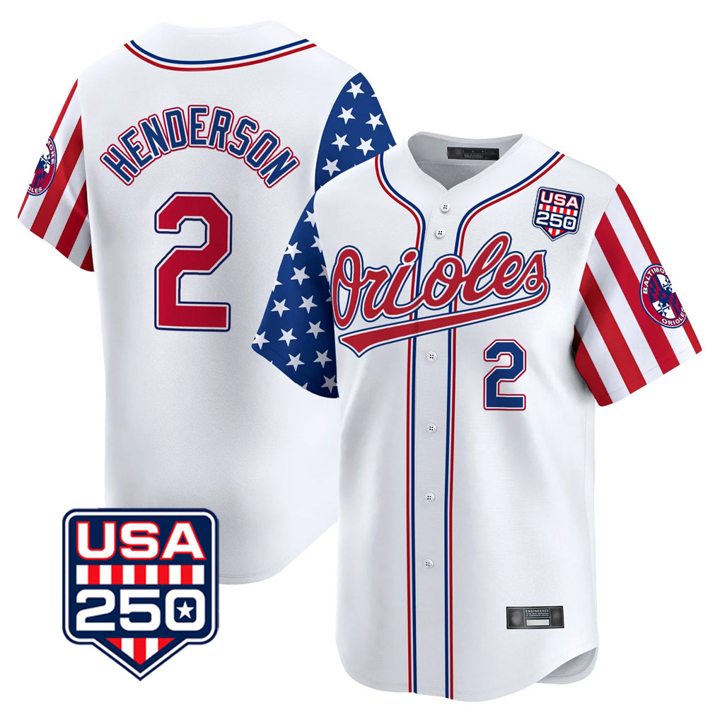 B.Orioles #2 Gunnar Henderson Player White USA 250 Independence Day Vapor Premier Home Game Qdoa Stitched Jerseys