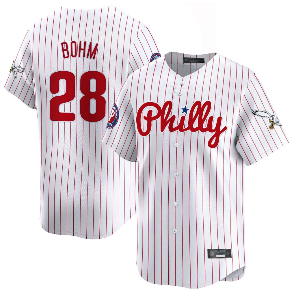 P.Phillies #28 Alec Bohm Player White Pinstripe Phillies & Eagles Vapor Premier Limited Qdoa Stitched Jerseys