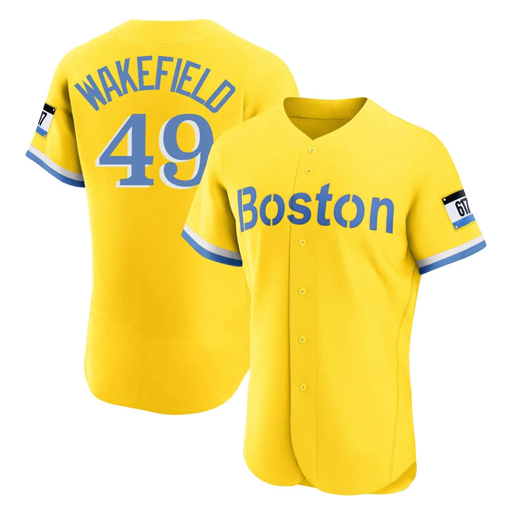 B.Red Sox #49 Tim Wakefield Player Yellow Limited Elite Home Game Qdoa Stitched Jerseys