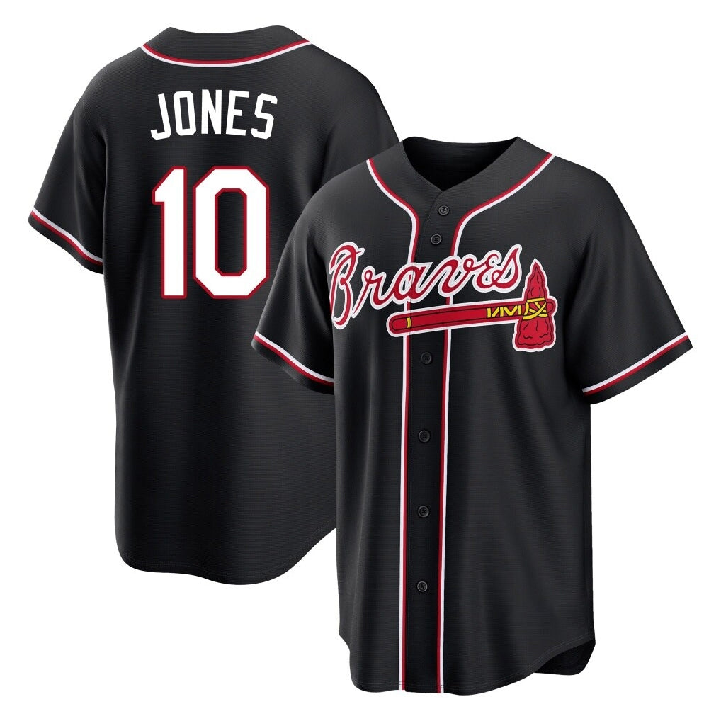 A.Braves #10 Chipper Jones Player Black Fashion Out Game Qdoa Stitched Jerseys