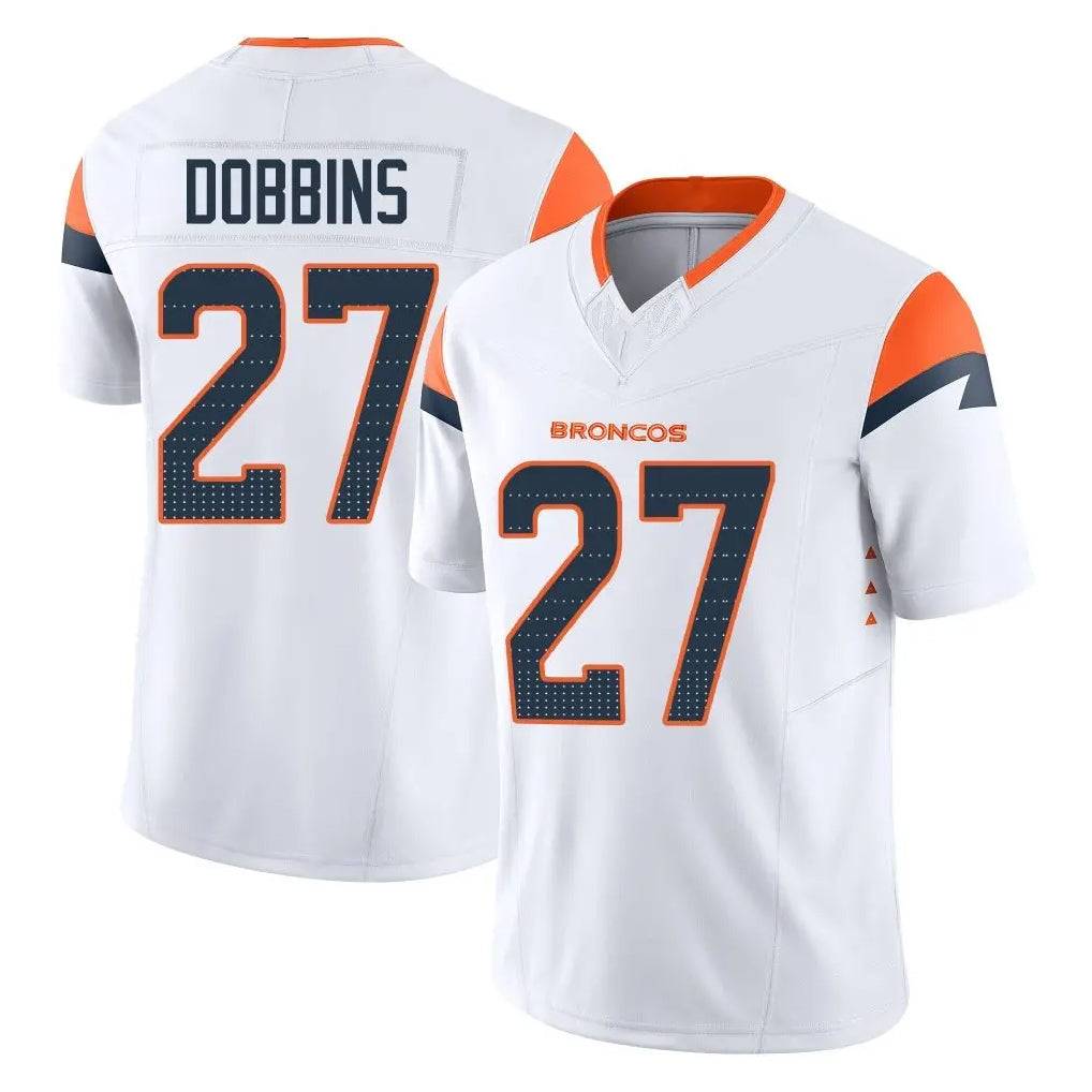 D.Broncos #27 J.K. Dobbins Player White Limited Vapor F.U.S.E. Home Game Qdoa Stitched Jerseys