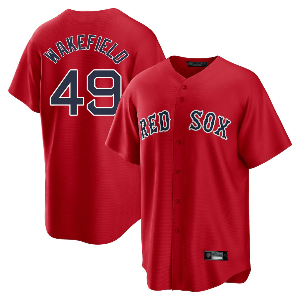B.Red Sox #49 Tim Wakefield Player Red Home Game Qdoa Stitched Jerseys