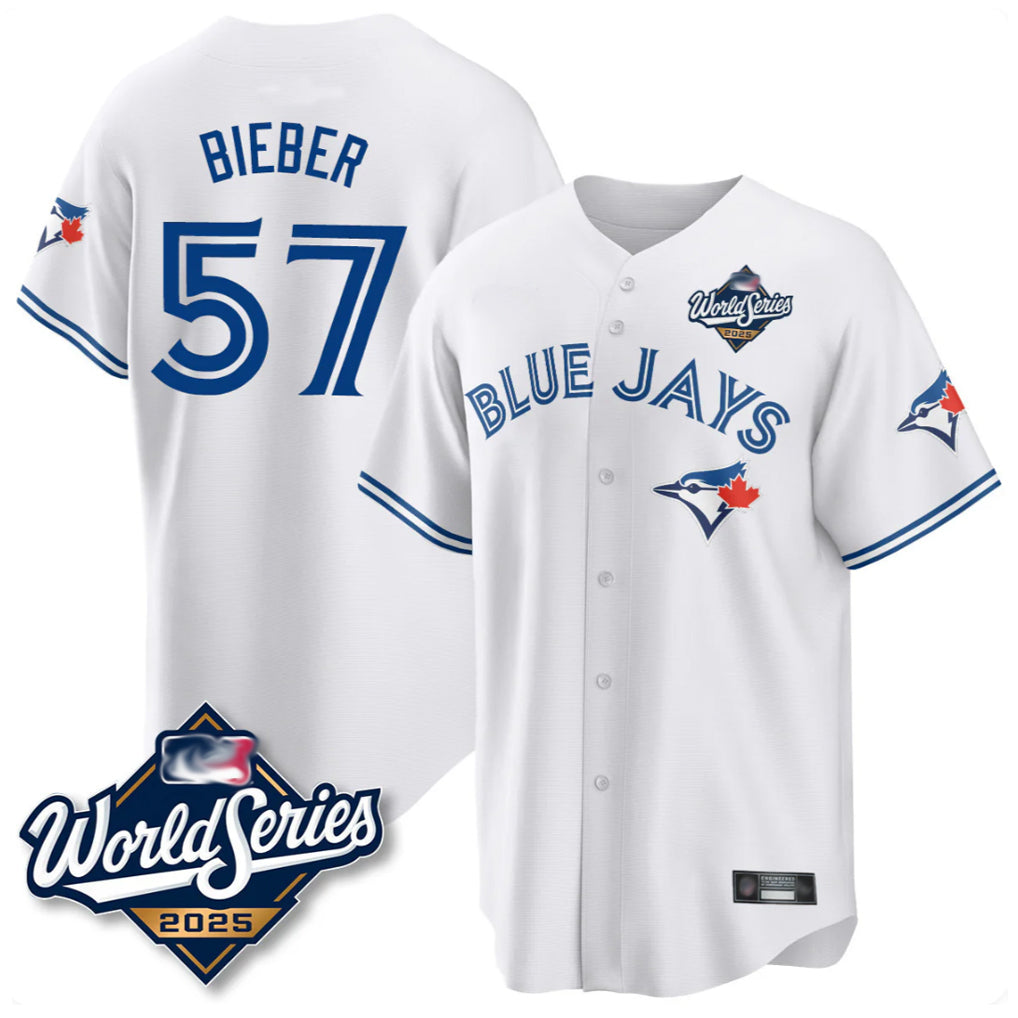 T.Blue Jays #57 Shane Bieber Player White 2025 World Series All Qdoa Stitched Jerseys