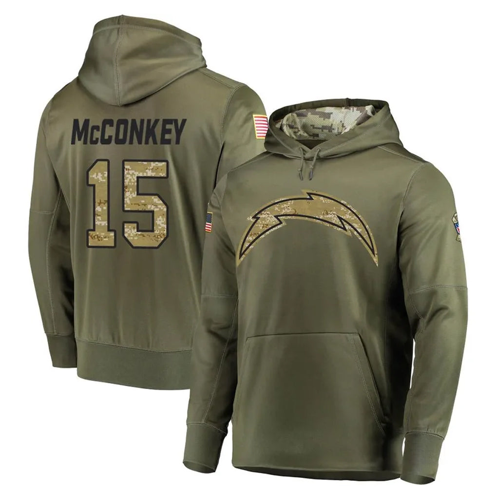 LA.Chargers #15 Ladd McConkey Player Olive Salute to Service Pullover Hoodies Home Game Qdoa Stitched Jerseys