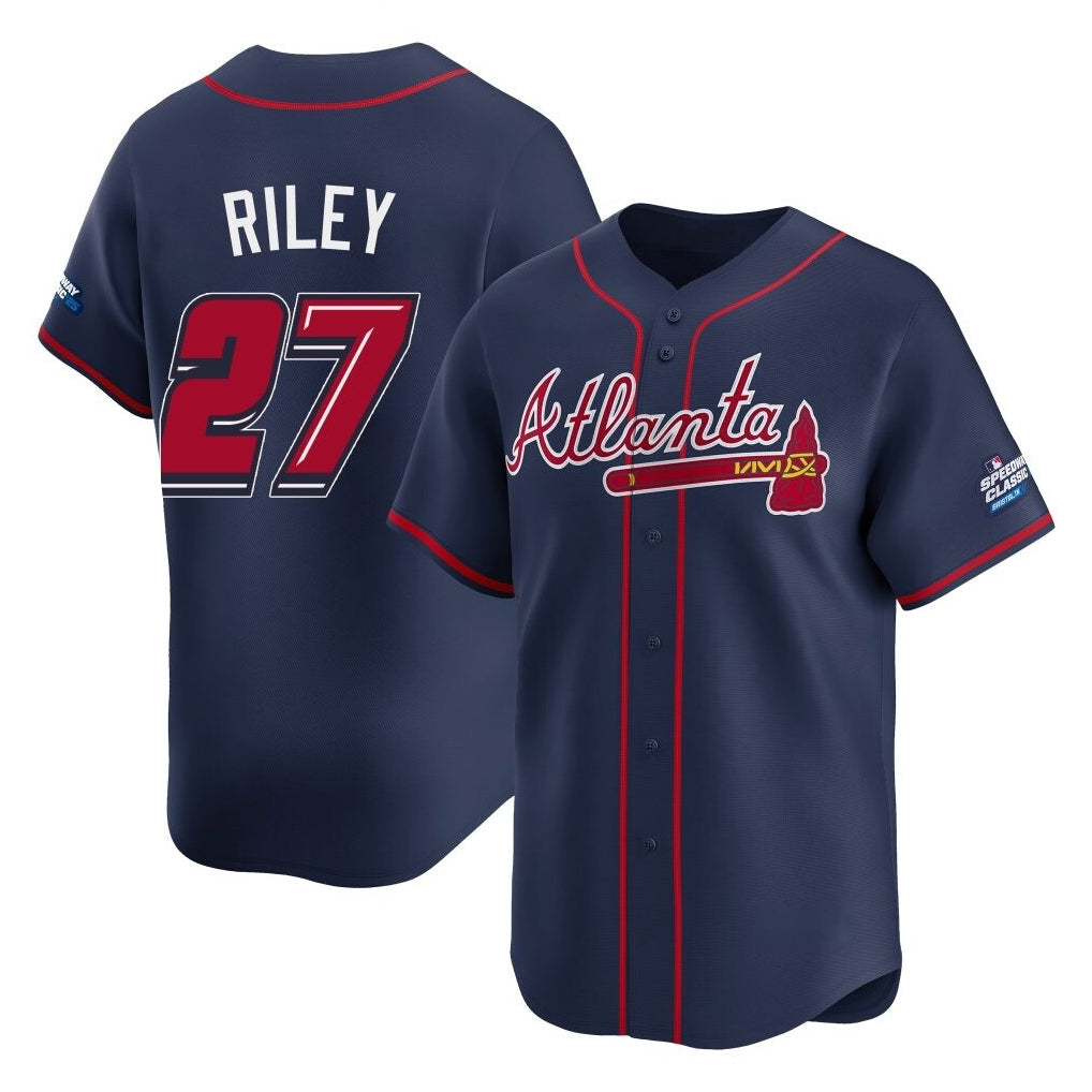 A.Braves #27 Austin Riley Player Navy 2025 Speedway Classic Home Game Qdoa Stitched Jerseys
