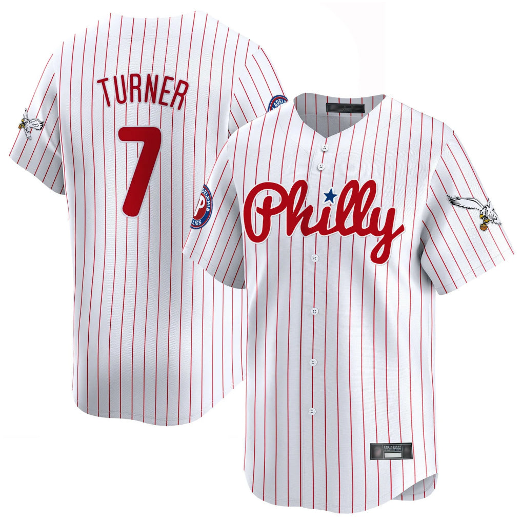 P.Phillies #7 Trea Turner Player White Pinstripe Phillies & Eagles Vapor Premier Limited Qdoa Stitched Jerseys