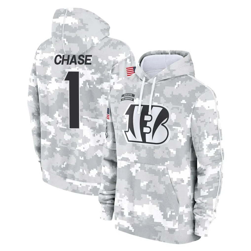 C.Bengals #1 Ja'Marr Chase Player Arctic Camo Salute to Service Pullover Hoodie Limited Qdoa Stitched Jerseys