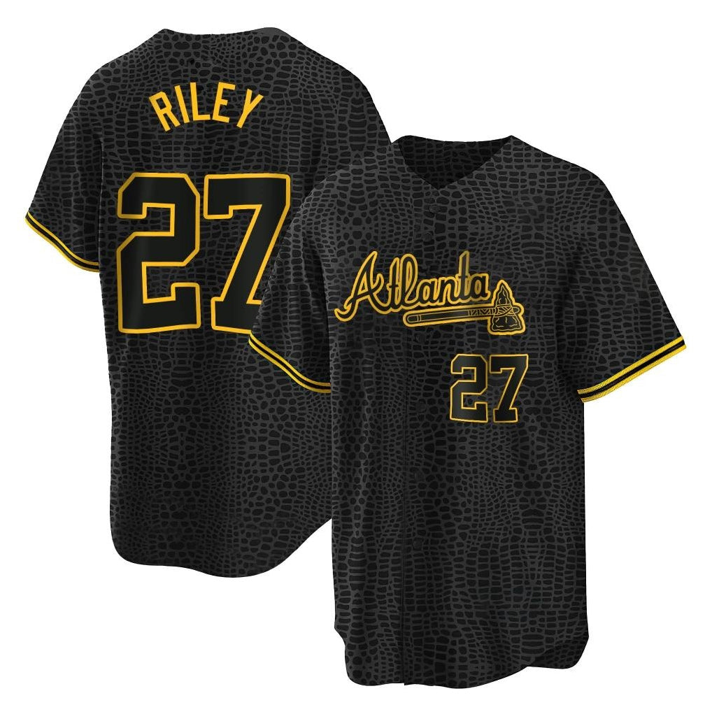 A.Braves #27 Austin Riley Player Black Snake Skin City Home Game Qdoa Stitched Jerseys