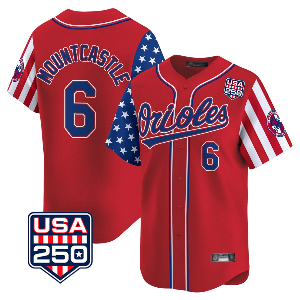 B.Orioles #6 Ryan Mountcastle Player Red USA 250 Independence Day Vapor Premier Limited Home Game Qdoa Stitched Jerseys