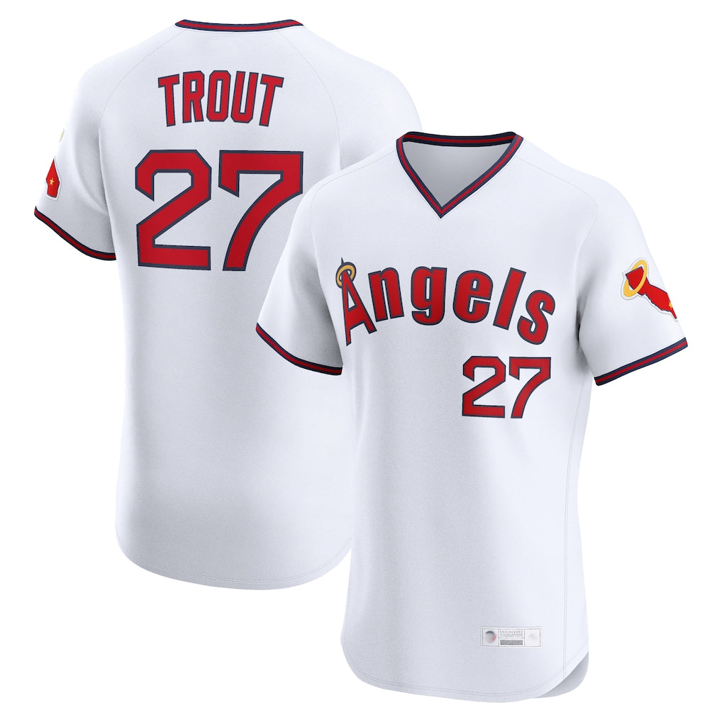 LA.Angels #27 Mike Trout Player White T-shirt Home Limited Elite Qdoa Stitched Jerseys