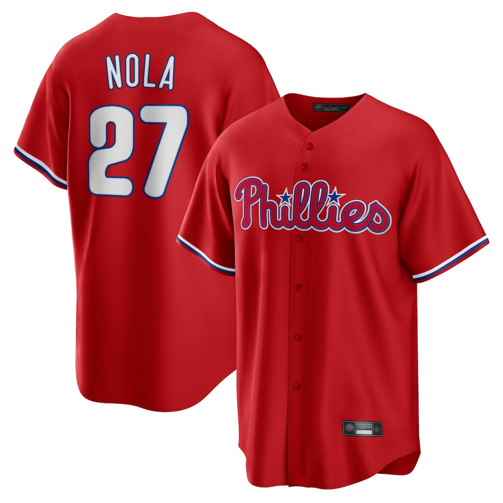 P.Phillies #27 Aaron Nola Player Red Home Game Qdoa Stitched Jerseys