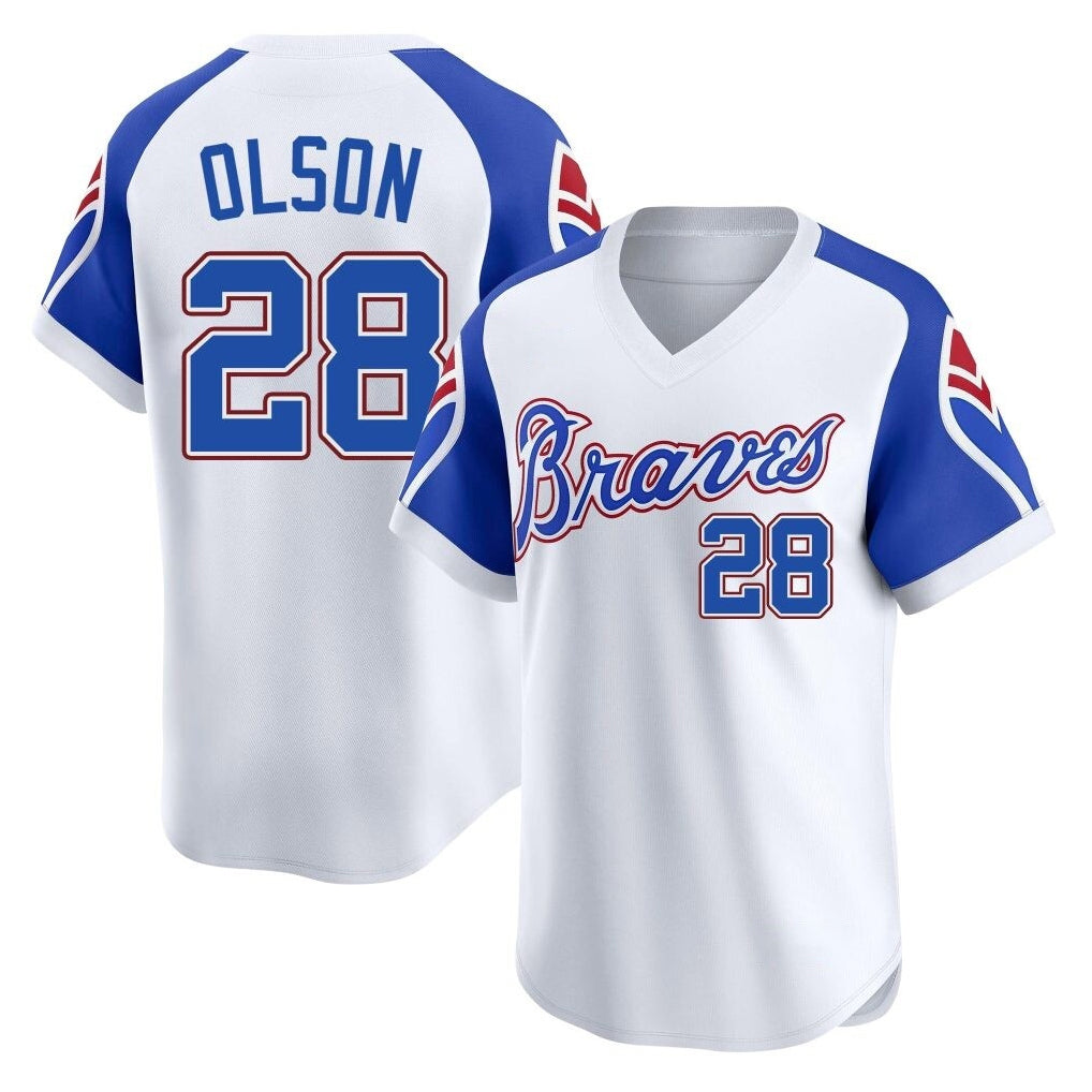 A.Braves #28 Matt Olson Player White Throwback Cooperstown Collection T-shirt Game Qdoa Stitched Jerseys