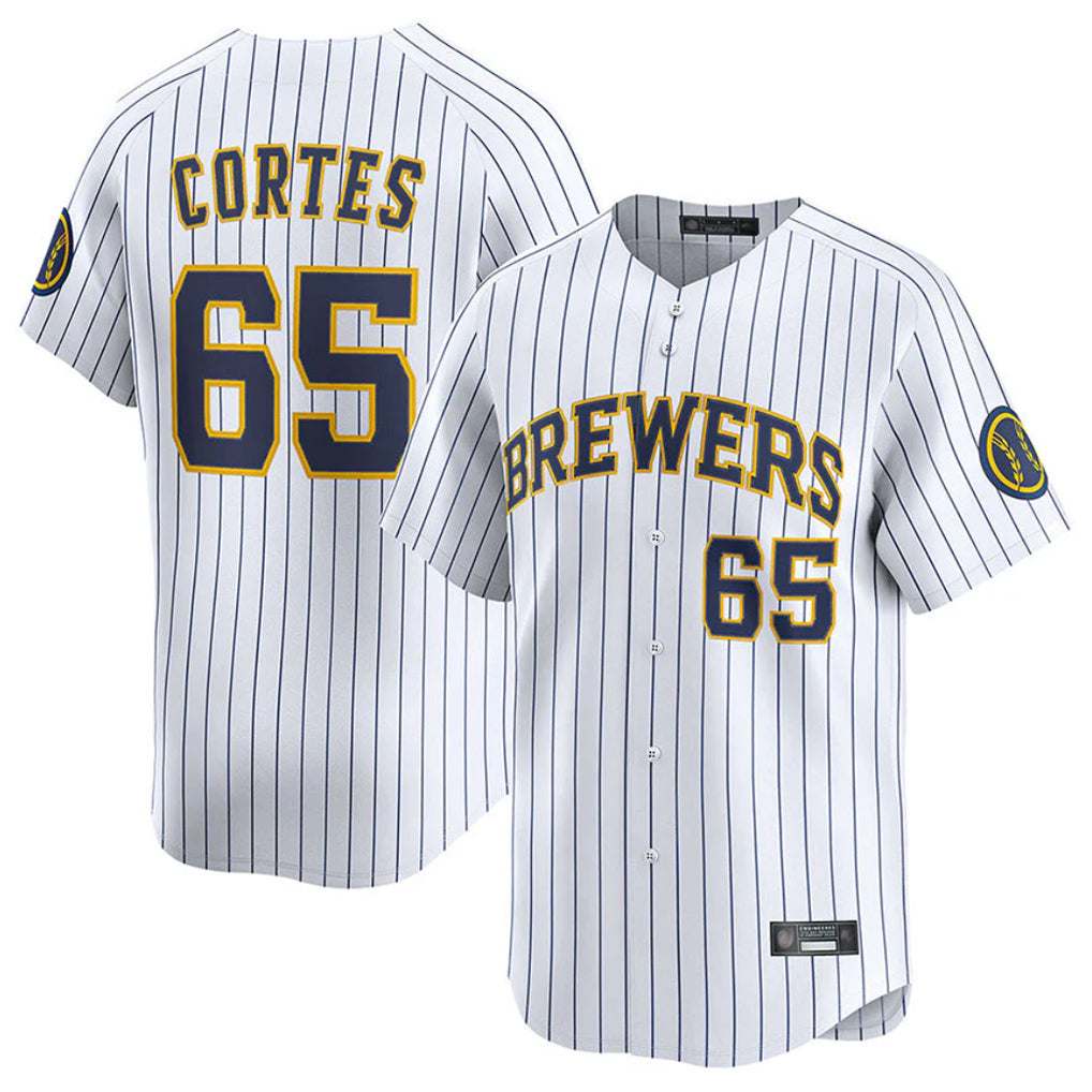 M.Brewers #65 Nestor Cortes Player White Stripes Home Limited Game Qdoa Stitched Jerseys