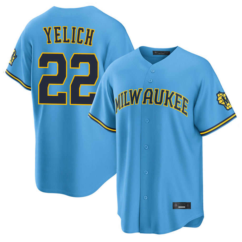 M.Brewers #22 Christian Yelich Player Light Blue Road Stadium Game Qdoa Stitched Jerseys