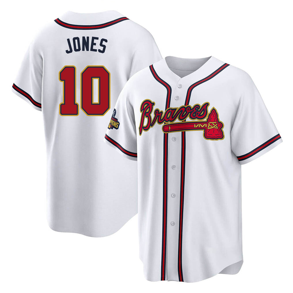 A.Braves #10 Chipper Jones Player White Gold Home Game Qdoa Stitched Jerseys