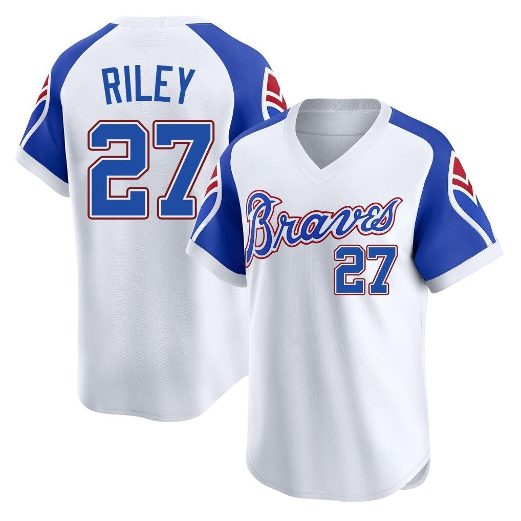 A.Braves #27 Austin Riley Player White Throwback Cooperstown Collection T-shirt Game Qdoa Stitched Jerseys