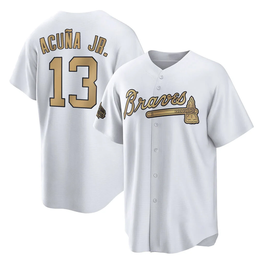 A.Braves #13 Ronald Acuna Jr Player White-Gold All-Star Home Game Qdoa Stitched Jerseys