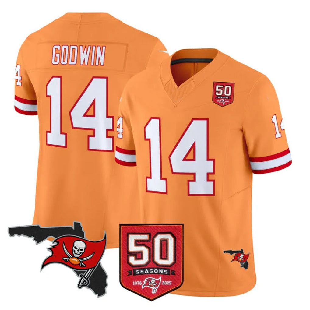 TB.Buccaneers #14 Chris Godwin Jr. Player Orange 50th Season Vapor Limited Home Game Qdoa Stitched Jerseys