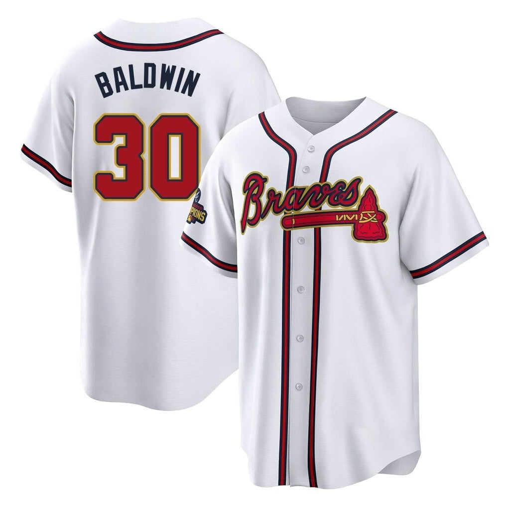 A.Braves #30 Drake Baldwin Player White Gold Home Game Qdoa Stitched Jerseys