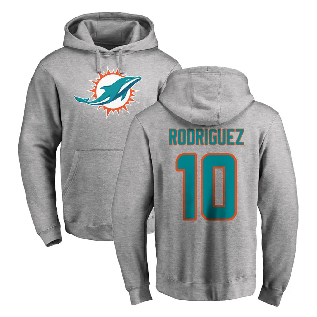 M.Dolphins #10 Jacob Rodriguez Player Gray LOGO Pullover Hoodies Limited Qdoa Stitched Jerseys
