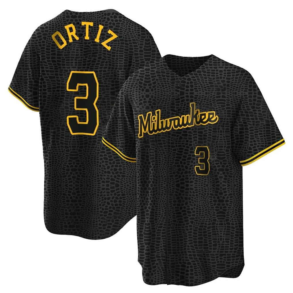 M.Brewers #3 Joey Ortiz Player Black Snake Skin City Home Game Qdoa Stitched Jerseys