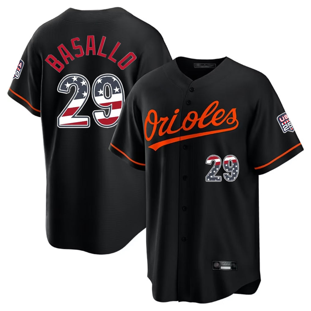 B.Orioles #29 Samuel Basallo Player Black USA 250 Fourth of July Home Game Qdoa Stitched Jerseys
