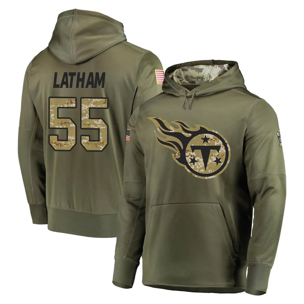 T.Titans #55 JC Latham Player Olive Salute to Service Pullover Hoodies Home Game Qdoa Stitched Jerseys