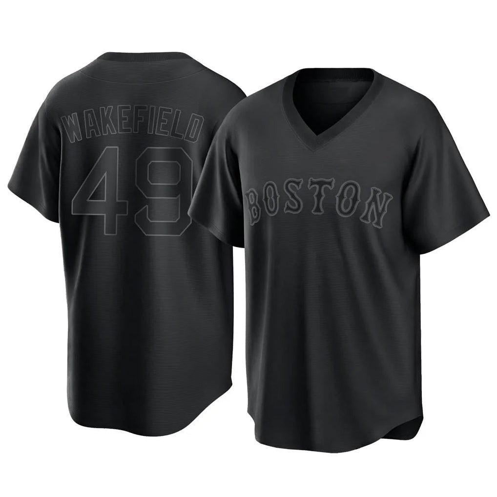 B.Red Sox #49 Tim Wakefield Player Black T-shirt Home Game Qdoa Stitched Jerseys