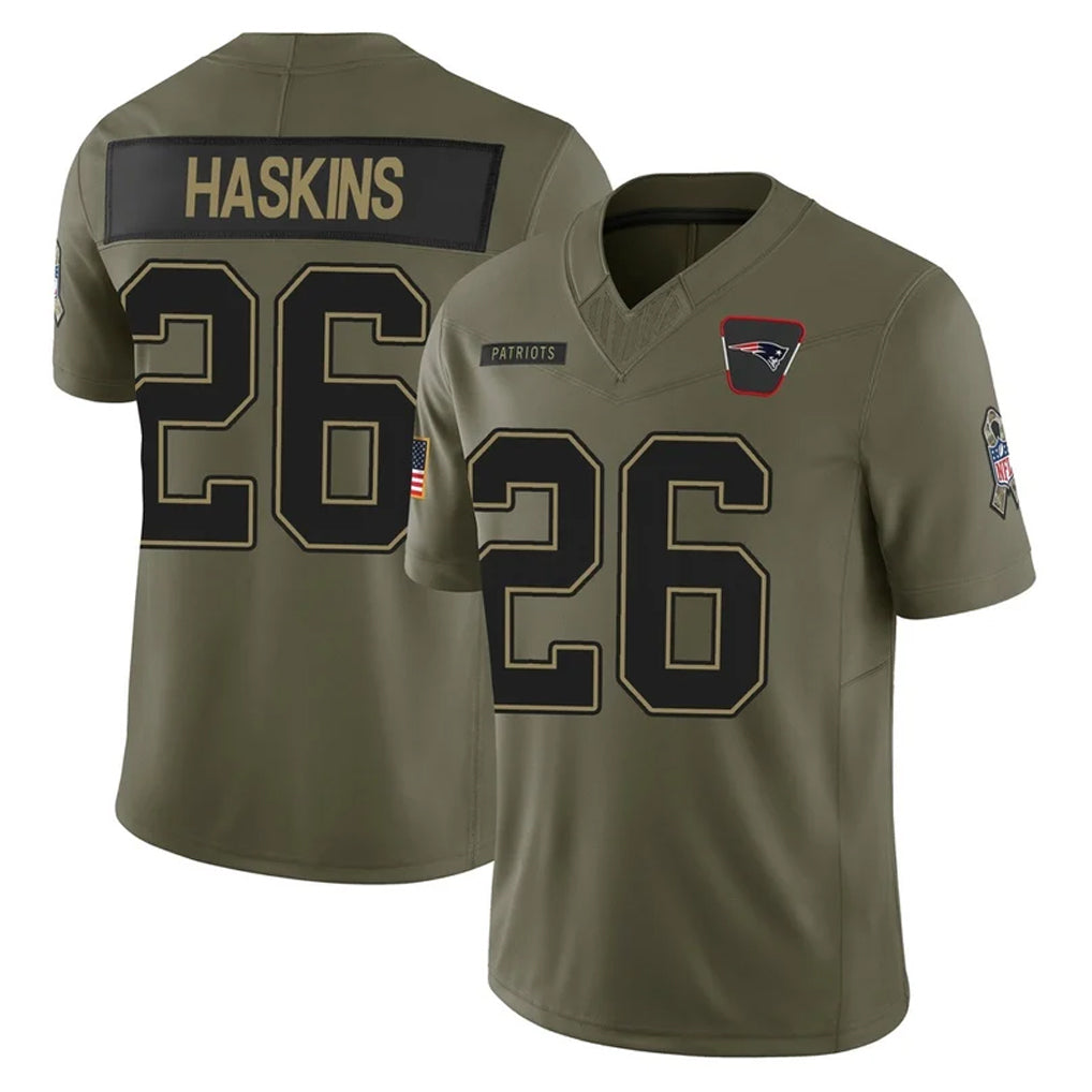 NE.Patriots #26 Hassan Haskins Player Olive 2025 Salute To Service Limited Qdoa Stitched Jerseys