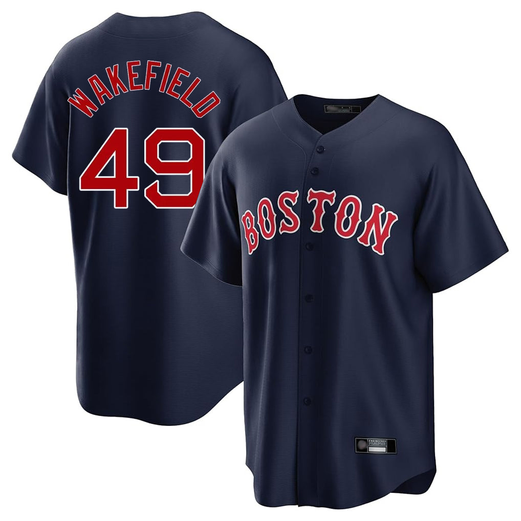 B.Red Sox #49 Tim Wakefield Player Navy Home Game Qdoa Stitched Jerseys