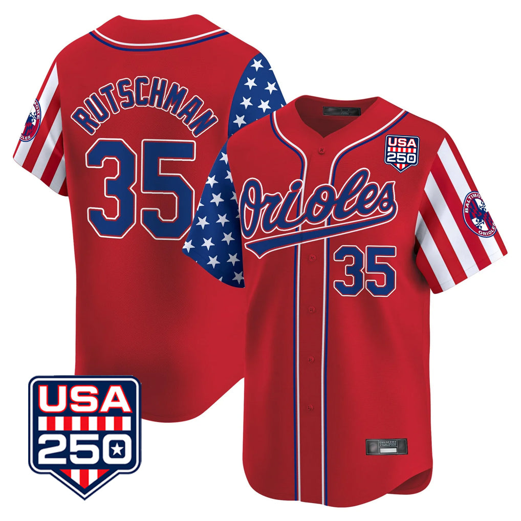 B.Orioles #35 Adley Rutschman Player Red USA 250 Independence Day Vapor Premier Limited Home Game Qdoa Stitched Jerseys