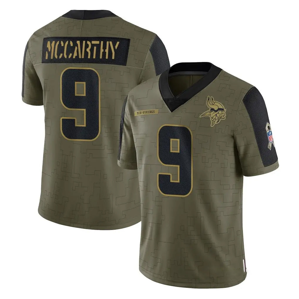 M.Vikings #9 J.J. McCarthy Player Olive Salute To Service Limited Game Qdoa Stitched Jerseys