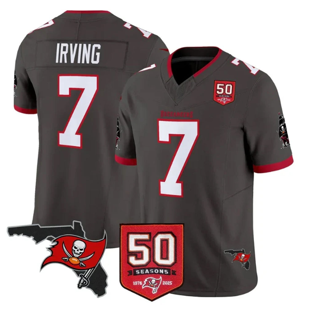 TB.Buccaneers #7 Bucky Irving Player Pewter 50th Season Vapor Limited Home Game Qdoa Stitched Jerseys