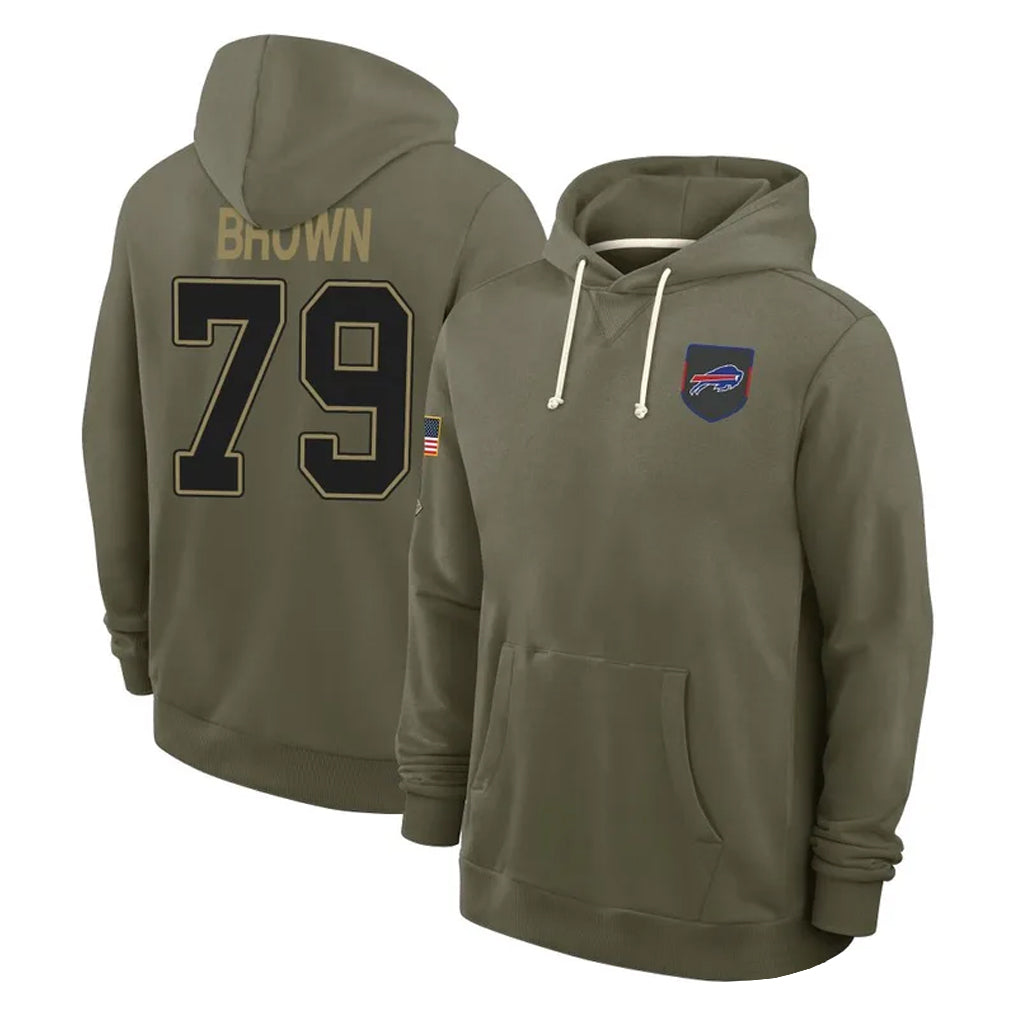 B.Bills #79 Spencer Brown Player Olive 2025 Salute to Service Hoodies Qdoa Stitched Jerseys
