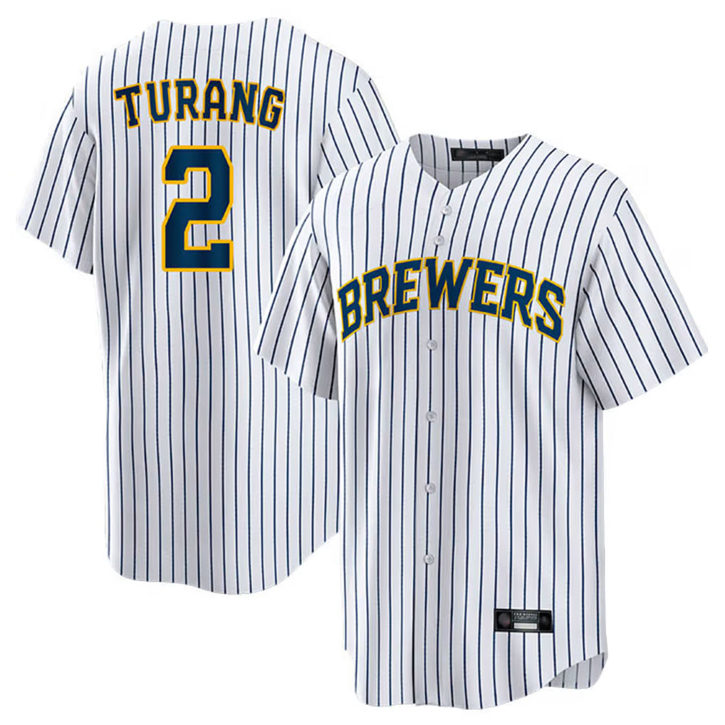 M.Brewers #2 Brice Turang Player White Stripes Home Game Qdoa Stitched Jerseys