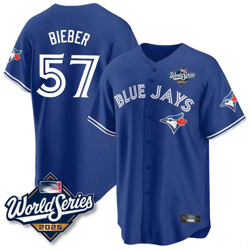 T.Blue Jays #57 Shane Bieber Player Royal 2025 World Series All Qdoa Stitched Jerseys