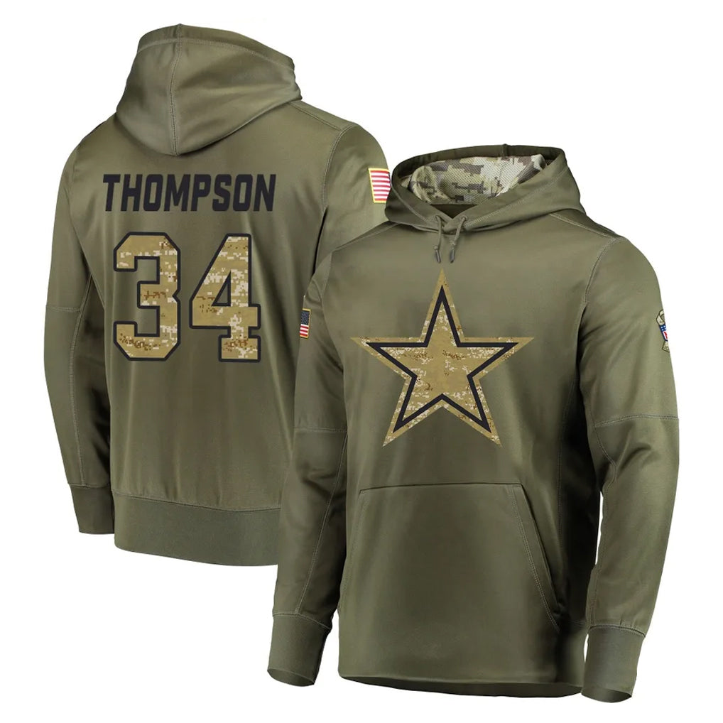 D.Cowboys #34 Jalen Thompson Player Olive Salute to Service Pullover Hoodies Home Game Qdoa Stitched Jerseys
